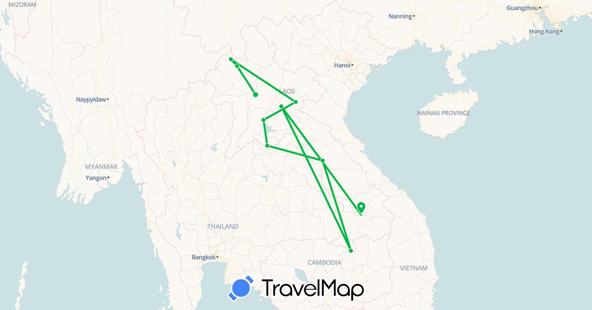 TravelMap itinerary: bus, plane in Laos (Asia)